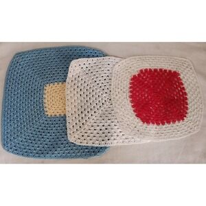 3 Vtg Handmade Doilies Light Blue White Red Never Used